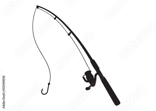 Silhouette fishing rod logo vector design, fishing rod logo icon silhouette, fishing rod vector silhouette illustration design, fishing hook and fishing rod icon silhouette  logo on white background