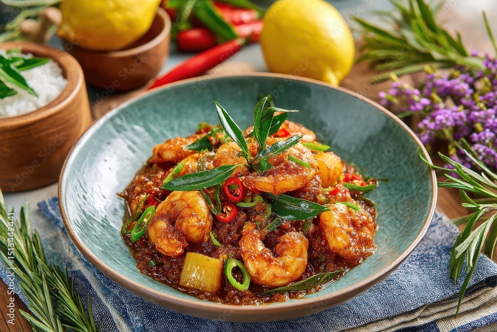 Fototapeta premium Centered Malaysian Spicy Prawn Sambal Udang on Plate