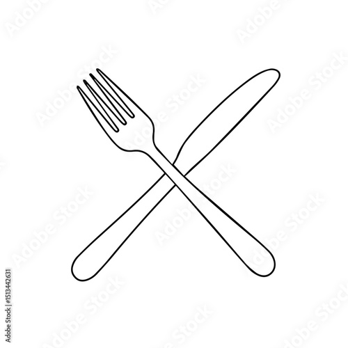 Crossed fork and knife silverware set. Elegant crossed cutlery design for festive dinner. Simple crossed fork and knife illustration perfect for 2026 year of fire horse holiday menus and kitchen acces