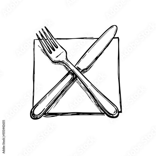 Elegant cutlery set on napkin. Fork and knife crossed on white square napkin. Simple illustration perfect for restaurant menus. This stylish design is ideal for 2026 year of the fire horse themed new