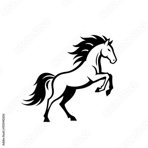 Majestic horse rearing up on hind legs, powerful pose, strong equine silhouette, black and white image perfect for 2026 year of fiery horse themed designs, new year and christmas cards, kitchen access
