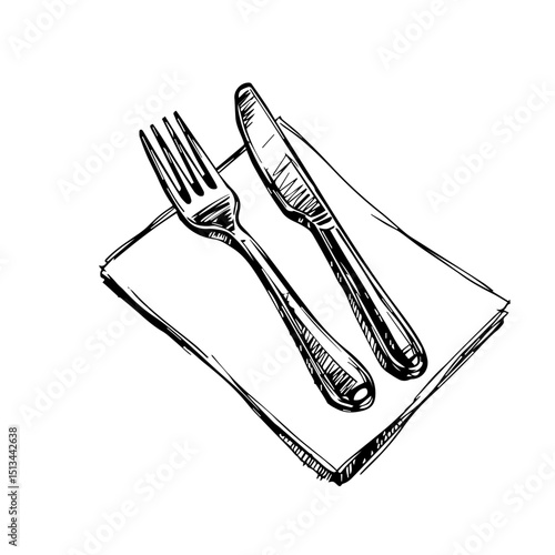 Elegant fork and knife set on napkin.  Cutlery placed on fabric napkin. Simple sketch of dining utensils for elegant restaurant menu design. This silverware illustration is perfect for New Year 2026 i