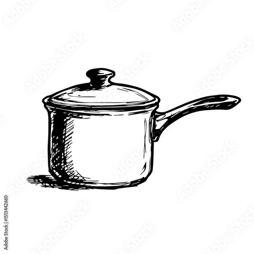 Saucepan illustration for cooking blogs and recipe websites.  This kitchen utensil sketch is perfect for culinary content.  Simple saucepan drawing ideal for holiday recipe books or 2026 year of fire