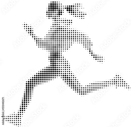 Dynamic halftone vector illustration of a running girl in retro comic book style with bold dotted texture. High contrast black and white image, isolated on white background. Stylized athletic woman in