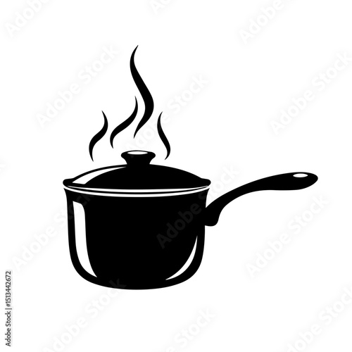 Saucepan with steam rising from under lid. Cooking pot with handle and closed lid perfect for kitchen design.  Stylish kitchenware illustration ideal for new year 2026 holiday cards and cooking blogs
