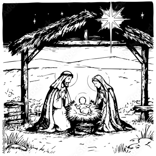 Nativity scene with Mary, Joseph, and baby Jesus in manger. Holy family Christmas illustration shows parents adoring newborn child in stable. Traditional Christmas illustration perfect for holiday car