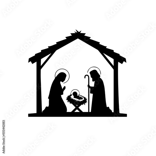 Nativity scene with Mary, Joseph, and baby Jesus in manger. Classic Christmas nativity scene illustration perfect for holiday cards, religious publications, or winter themed decorations. This simple n