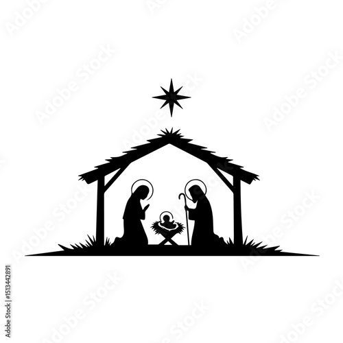 Nativity scene with Mary, Joseph, and baby Jesus in manger. Holy family silhouette illustration perfect for Christmas cards, religious artwork, and holiday decorations. This simple nativity scene is i