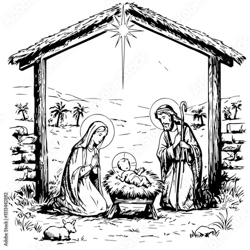 Nativity scene illustration showing Mary, Joseph, and baby Jesus in manger. Simple black and white nativity scene drawing perfect for Christmas cards, religious publications, and holiday decorations