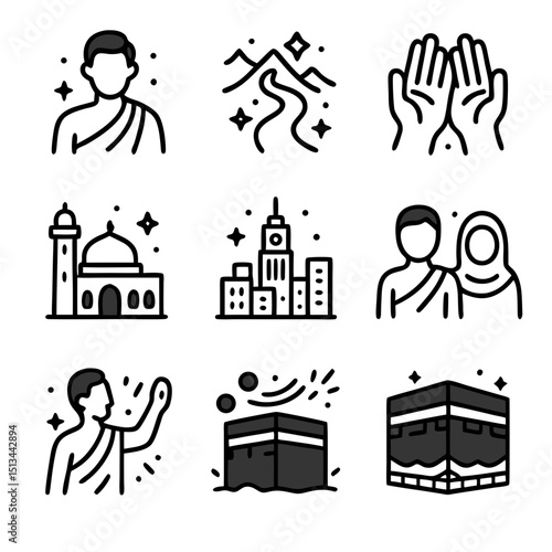 Set of nine icons related to the hajj pilgrimage for use in religious designs and educational materials about Islamic traditions.
