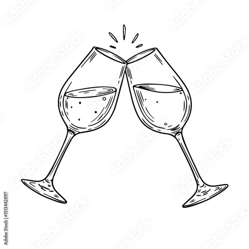 Sparkling champagne flutes clinking in celebratory toast. Elegant line art illustration of two champagne glasses filled with bubbly drink. Perfect image for new year or christmas cards, kitchen decor
