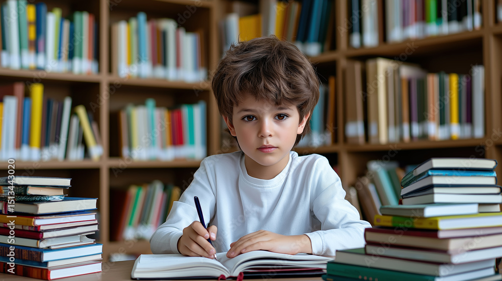 Boy studying with many books in library Boy studying with many books in library