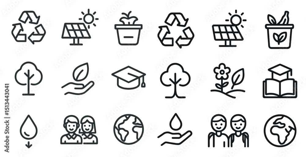Obraz premium Eco-friendly icons featuring recycling, renewable energy, and education concepts