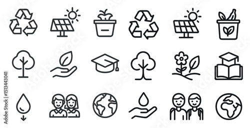 Eco-friendly icons featuring recycling, renewable energy, and education concepts