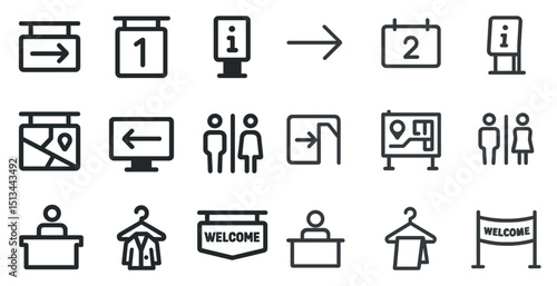 Collection of line icons for navigation, information, and welcome signs