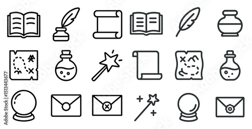 Vintage writing tools and magic icons for creative projects
