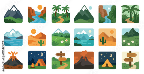 Mountain and nature icons for travel and adventure design projects