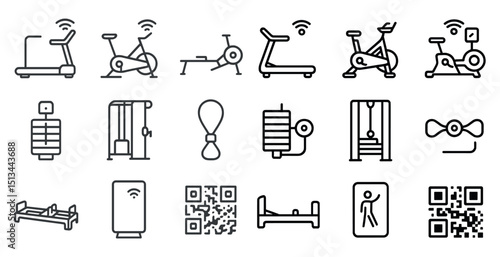 Fitness equipment icons for gym and workout design projects