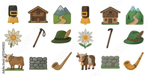 Alpine icons set featuring mountains, cows, and swiss traditions for design or print