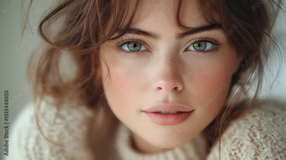 Close-up portrait of young woman with freckles Close-up portrait of young woman with freckles