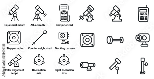 Astronomy equipment line icons for telescope setup and tracking systems