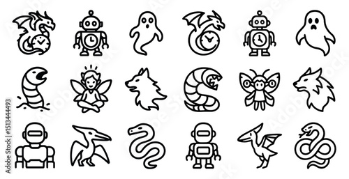 Fantasy creatures and robots icons for design and decor
