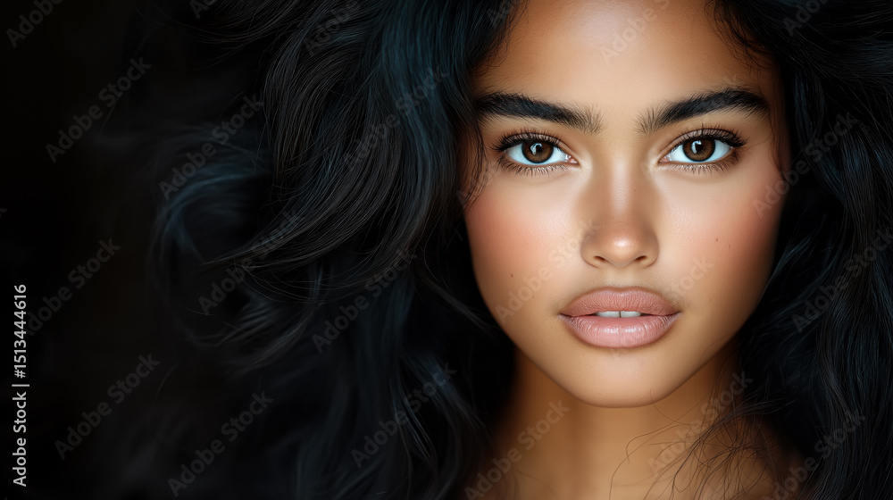 Naklejka premium Beautiful woman with long black hair and glossy lips