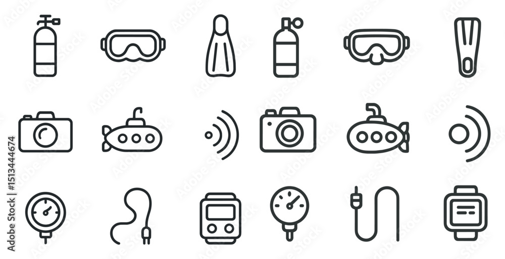 Fototapeta premium Diving equipment icons for print or digital design use