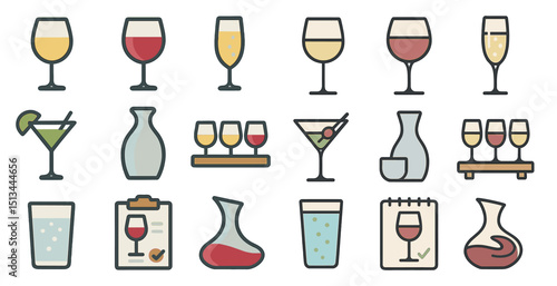 Collection of wine and cocktail glass icons for design projects