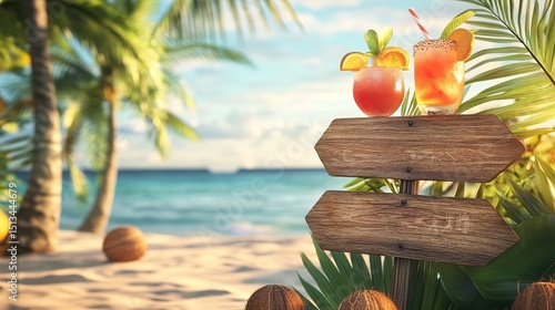A beach bar summer background with wooden signs coconut