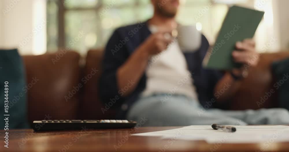 Man, hands or coffee with tablet on sofa for morning beverage, drink or online application at home. Male person, mug and technology with documents or caffeine for start or job research at house Man, hands or coffee with tablet on sofa for morning beverage, drink or online application at home. Male person, mug and technology with documents or caffeine for start or job research at house
