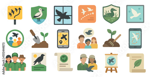Birdwatching and nature conservation icons for environmental awareness projects