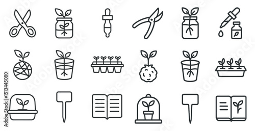 Gardening and plant care line icons for botanical design projects