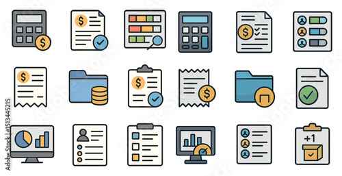 Financial management and data analysis icons for business solutions