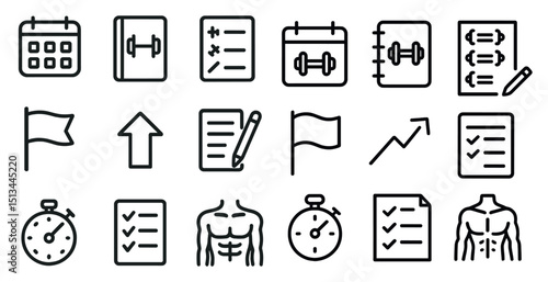 Workout planner icons for fitness and muscle training design