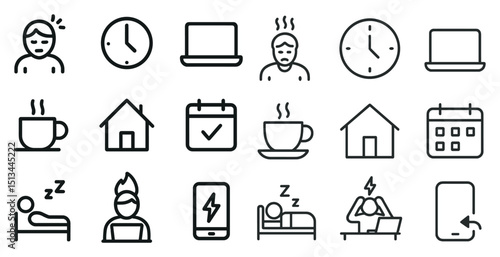 Daily routine icons: coffee, sleep, and work for design and planning