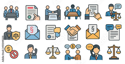 Legal and business collaboration icons for contracts and agreements
