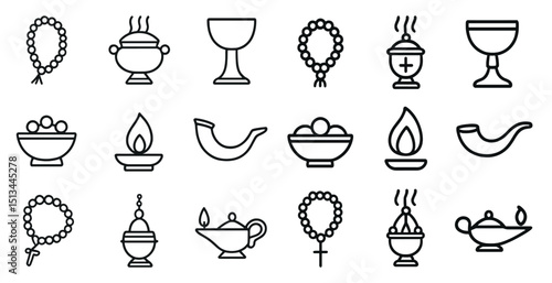 Religious symbols collection featuring rosary, chalice, and incense icons