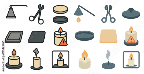 Candle care icons set for safety and home decor guidelines