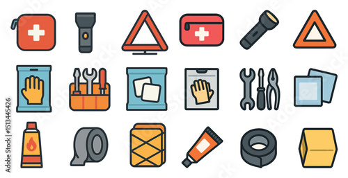 Emergency and safety equipment icons for first aid, repair, and protection