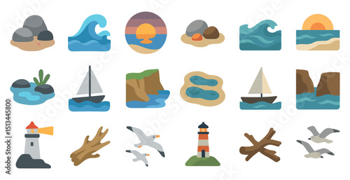 Coastal elements collection with lighthouses, seascapes, and sailboats for nautical design
