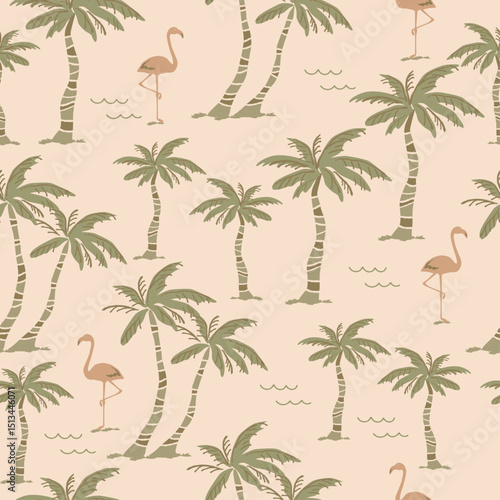 Seamless pattern of palm tree with flamingos, Vector tropical background illustration.