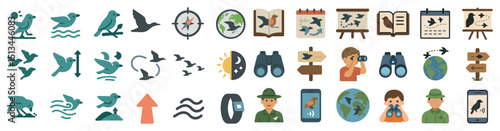 Bird watching icons and nature exploration elements for digital design