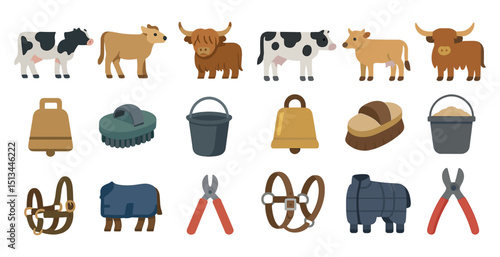 Farm animal and equipment icons for educational and design use