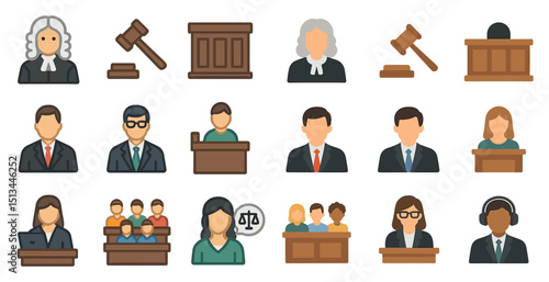Courtroom icons set featuring judges, lawyers, and legal symbols for graphic design