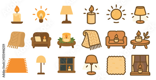 Cozy home icons: warm lighting and comfort elements for interior design