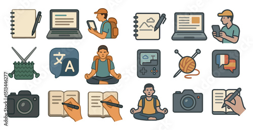 Multitasking lifestyle: technology, hobbies, and mindfulness concept icons