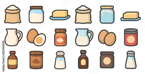 Baking ingredients collection with jars eggs and spices for cooking and recipe illustration