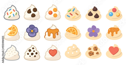 Assorted colorful meringue designs with toppings for confectionery creativity