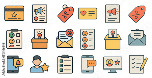 Collection of colorful business and communication icons for digital design projects